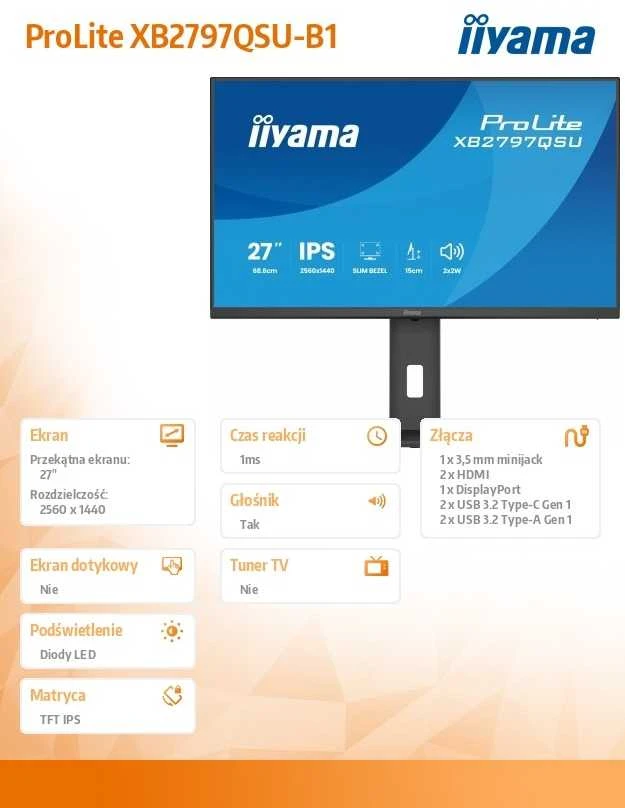 Monitorius iiyama ProLite XB2797QSU-B1 - 75Hz | QHD | IPS | 27" | 1ms