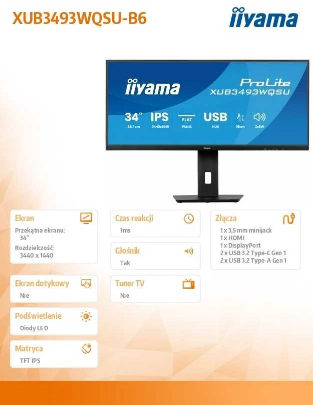iiyama ProLite XUB3493WQSU-B6 computer monitorius 86.4 cm (34") 3440 x 1440 pikselių UltraWide Quad HD LED Juodas