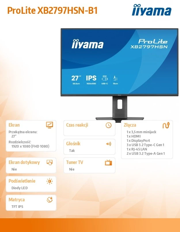 „iiyama XB2797HSN-B1 ProLite“ 27 colių „Full HD IPS“ USB-C prijungimo LAN monitorius