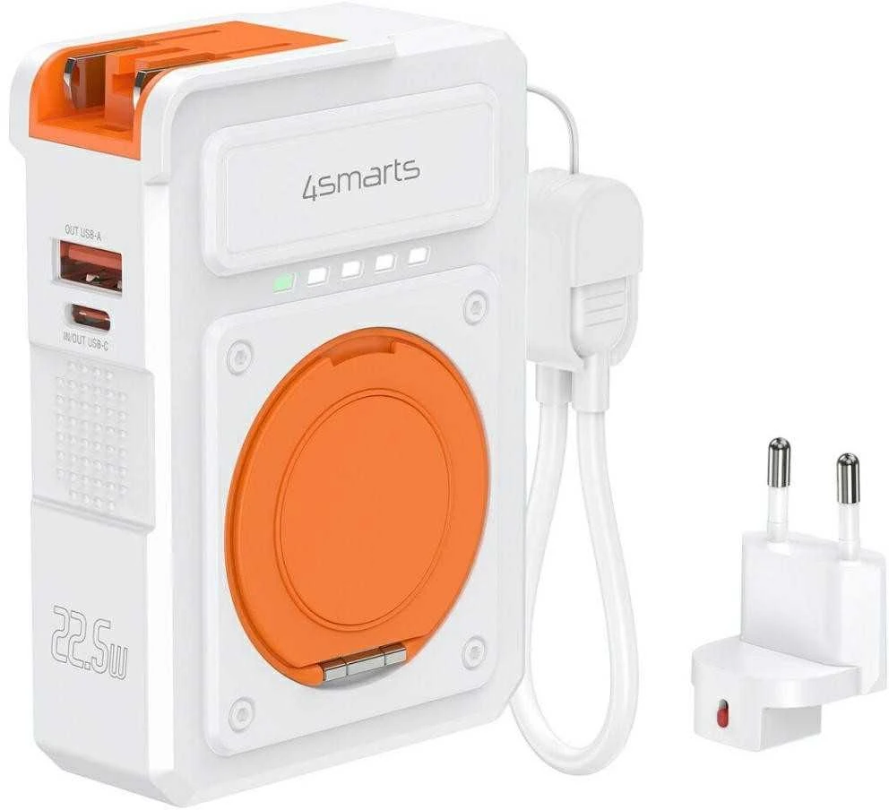 Hibridinis įkroviklis „4smarts 6-in-1 USB-C/USB-A PD 22,5 W“ su 10 000 mAh išorine baterija, „Qi“ belaidžiu įkrovimu,