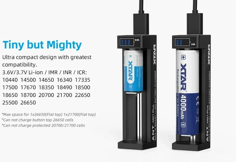 Baterijų Įkroviklis - XTAR MC1+ ANT 3.7V Li-ion USB-C 0.5A/1A Juodas