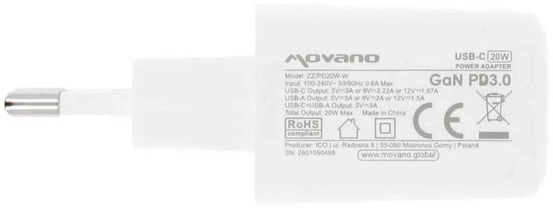 Įkroviklis Movano GaN 20W USB-C PD + USB-A (baltas)