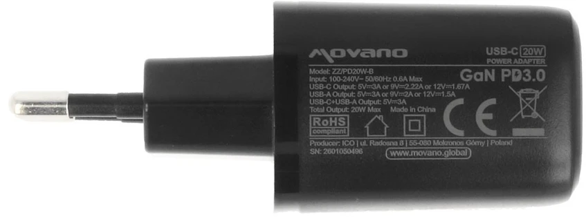Įkroviklis Movano GaN 20W USB-C PD + USB-A (juodas)