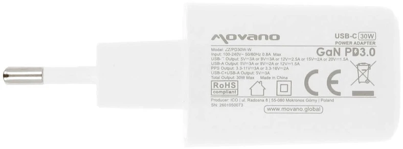 Įkroviklis Movano GaN 30W USB-C PD + USB-A (baltas)