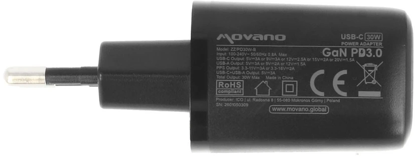 Įkroviklis Movano GaN 30W USB-C PD + USB-A (juodas)