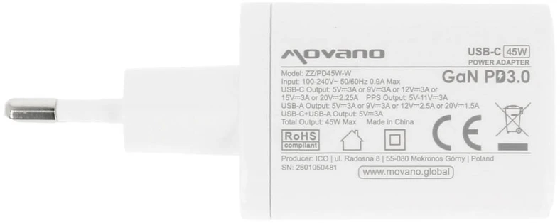 Įkroviklis Movano GaN 45W USB-C PD + USB-A (baltas)