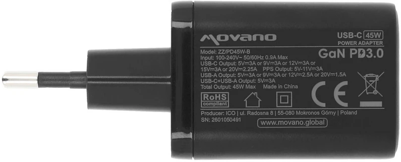 Įkroviklis Movano GaN 45W USB-C PD + USB-A (juodas)