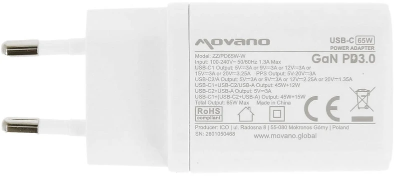 Įkroviklis Movano GaN 65W 2x USB-C PD + USB-A (baltas)
