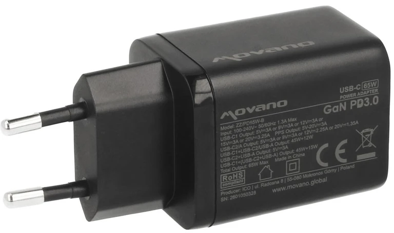 Įkroviklis Movano GaN 65W 2x USB-C PD + USB-A (juodas)