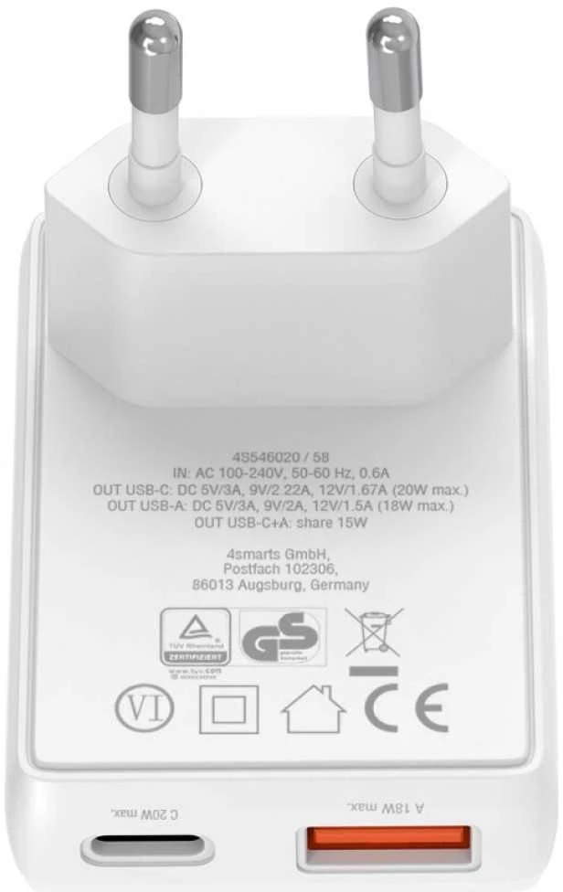 Laidinis įkroviklis 4smarts FlatPlug Duos 20W GaN USB-C + USB-A baltos spalvos