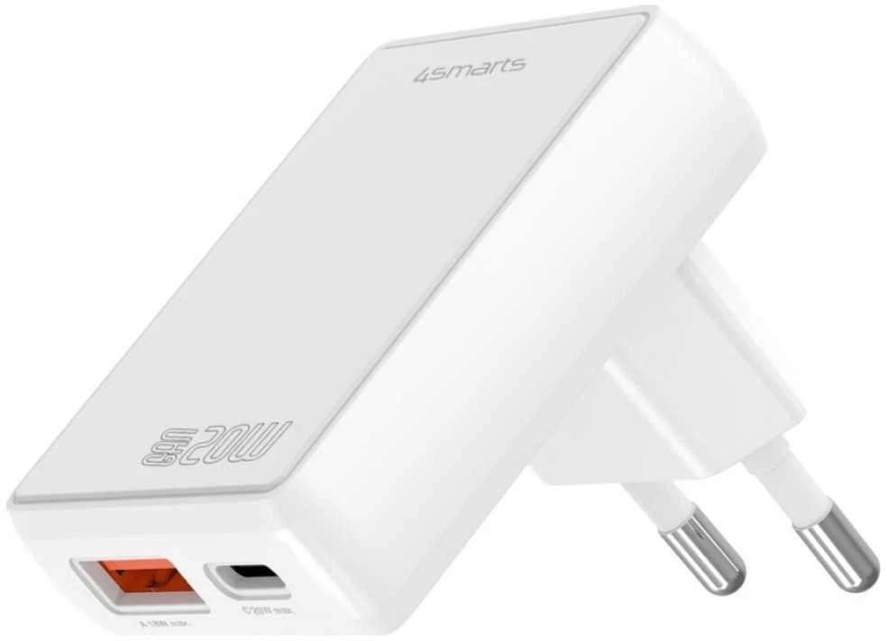 Laidinis įkroviklis 4smarts FlatPlug Duos 20W GaN USB-C + USB-A baltos spalvos