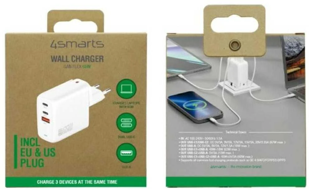 4Smarts įkroviklis GaN Flex 65W 2 USB-C+1 USB-A baltas
