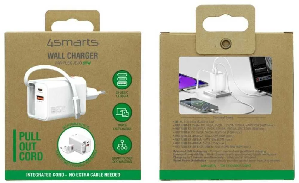 Įkroviklis jungiama į tinklą 4smarts Flex Jojo 65W GaN 2xUSB-C + USB-A balta