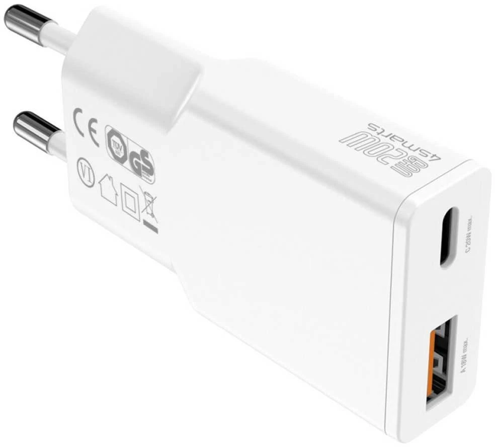 Sieninis įkroviklis 4smarts PDPlug Slim Duos 20W GaN USB-C+USB-A + USB-C kabelis 1.5m baltos spalvos