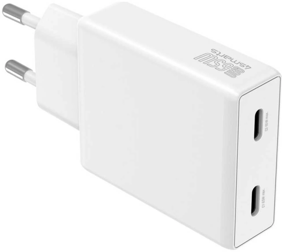 Laidinis įkroviklis 4smarts PDPlug Slim Dual 65W GaN 2xUSB-C baltos spalvos