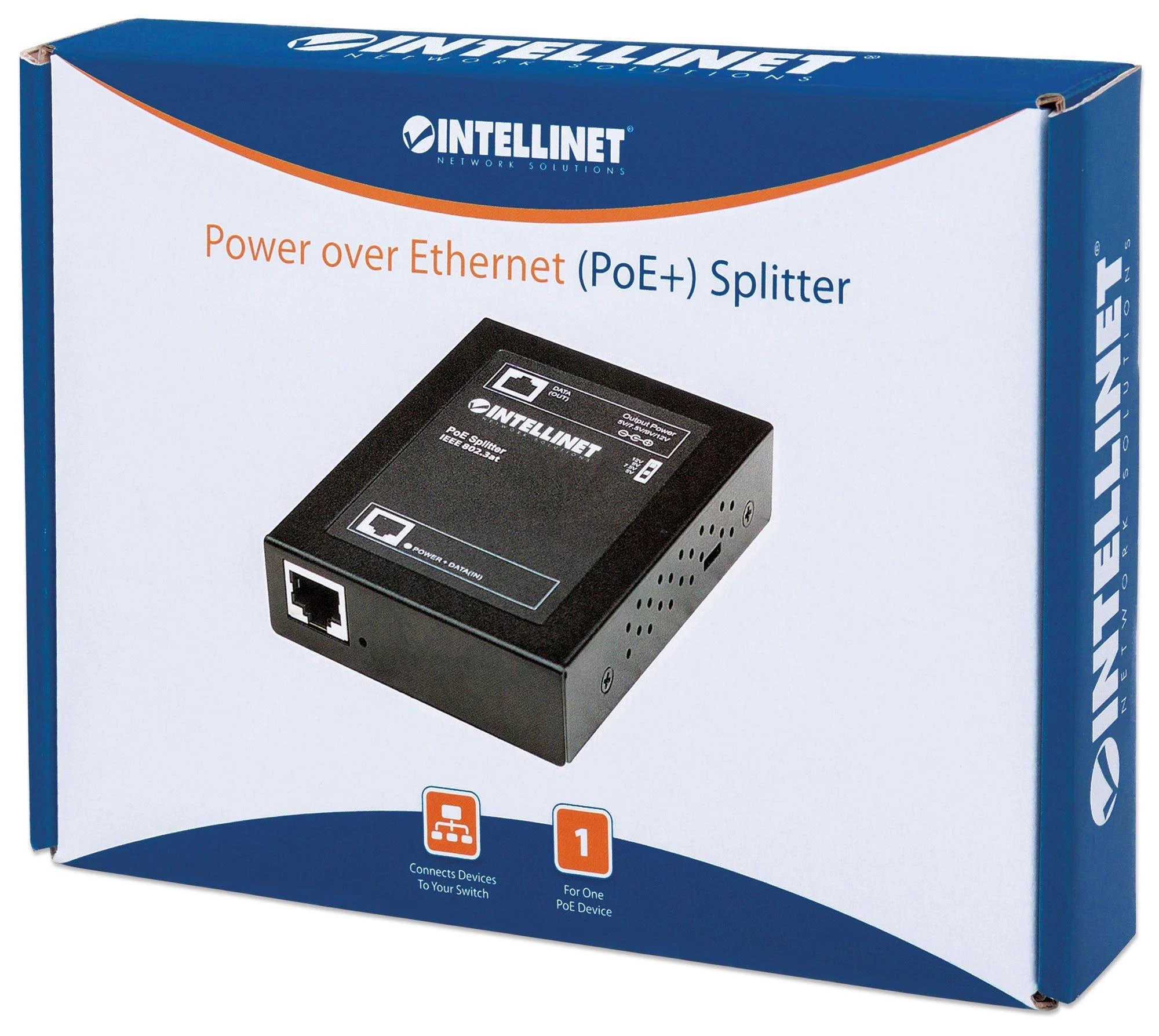 Šakotuvas „Intellinet Power over Ethernet“ (PoE+) skirstytuvas, IEEE802.3at, 5, 7,5, 9 arba 12 V nuolatinės srovės išėjimo įtampa