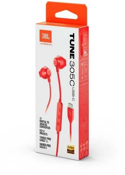 Raudonos JBL Tune 305C ausinės su USB-C jungtimi