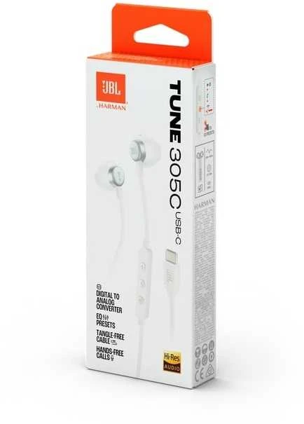 JBL Tune 305 ausienės, USB-C jungtis, Baltos spalvos