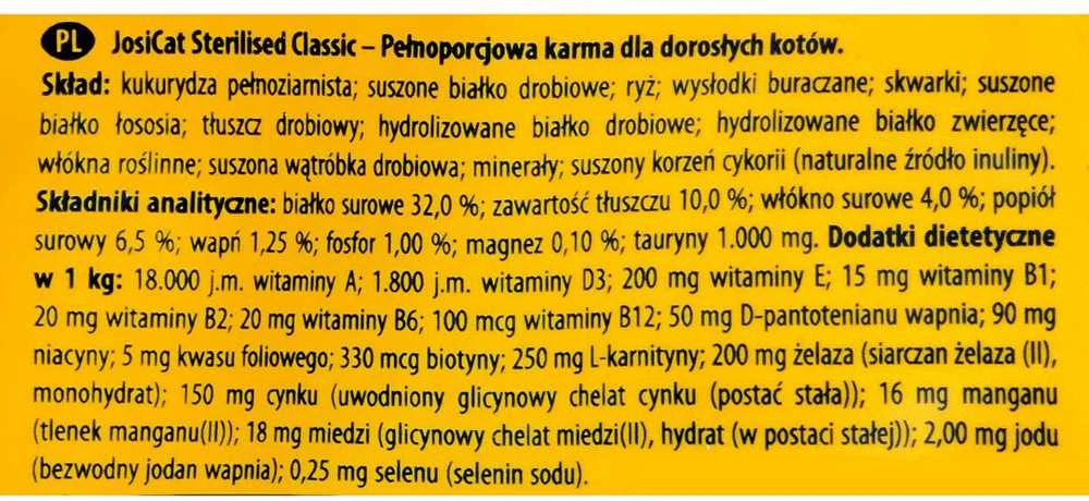 Josera JosiCat Sterilised Classic sausas pašaras katėms, 650 g