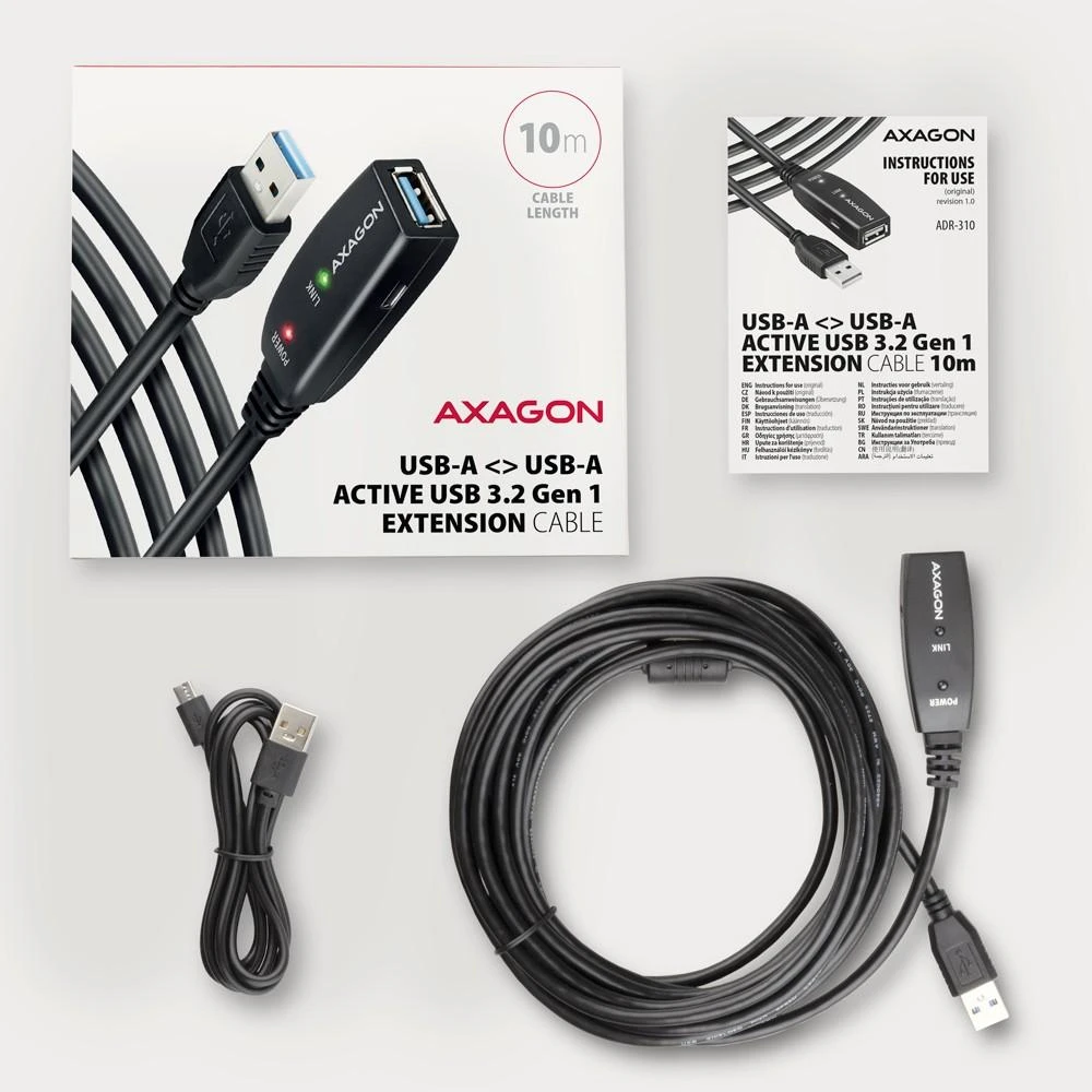 Axagon Active prailginimo USB 3.2 Gen 1 A-M > A-F laidas, 10 m ilgio. Maitinimo variantas.