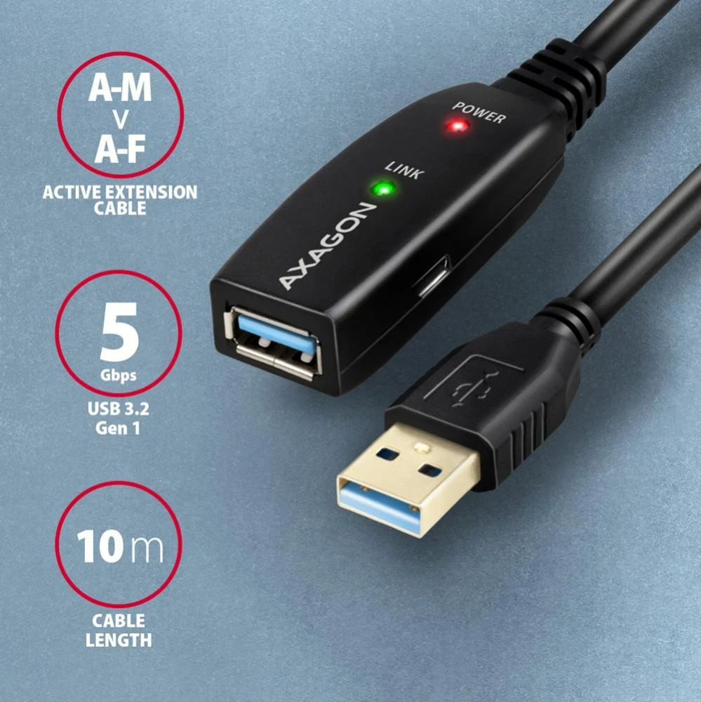 Axagon Active prailginimo USB 3.2 Gen 1 A-M > A-F laidas, 10 m ilgio. Maitinimo variantas.