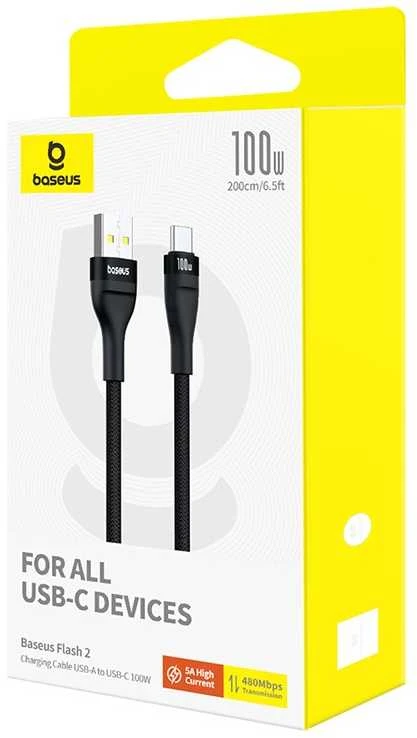 „Baseus flash 2“ USB-USB C laidas 100 W, 2 m (juodas)