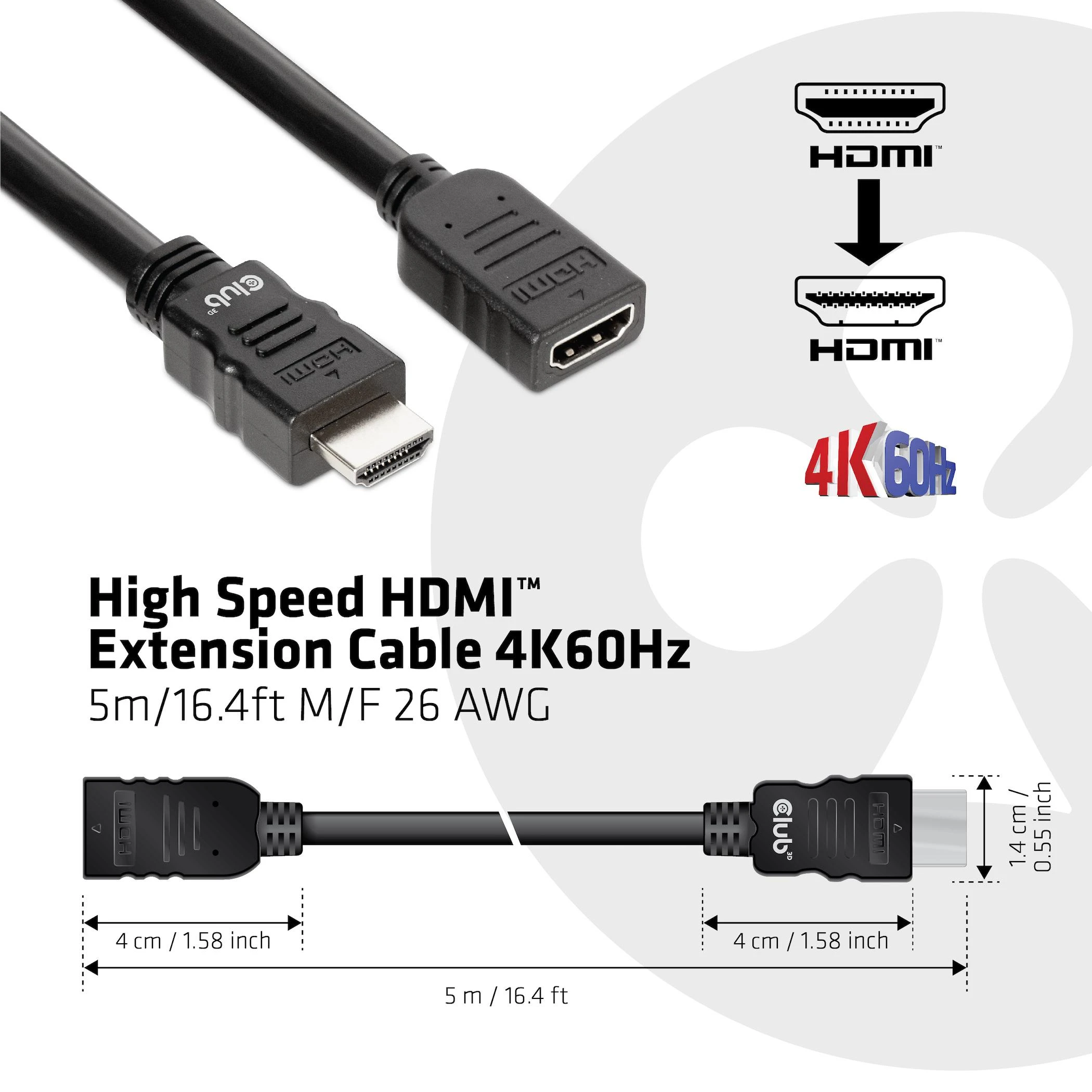 CLUB 3D HDMI ilgintuvas su techniniais matmenimis