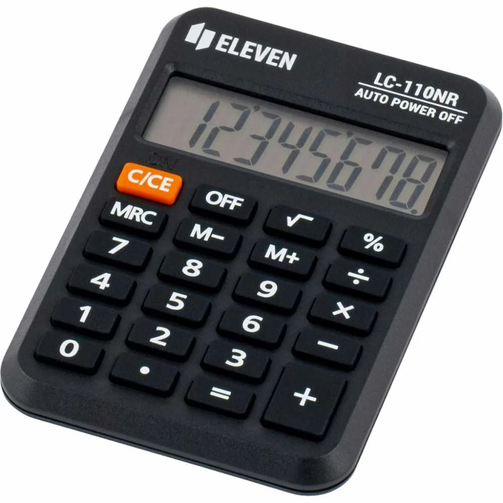 Eleven LC-110NR juodas skaičiuotuvas su oranžiniu mygtuku