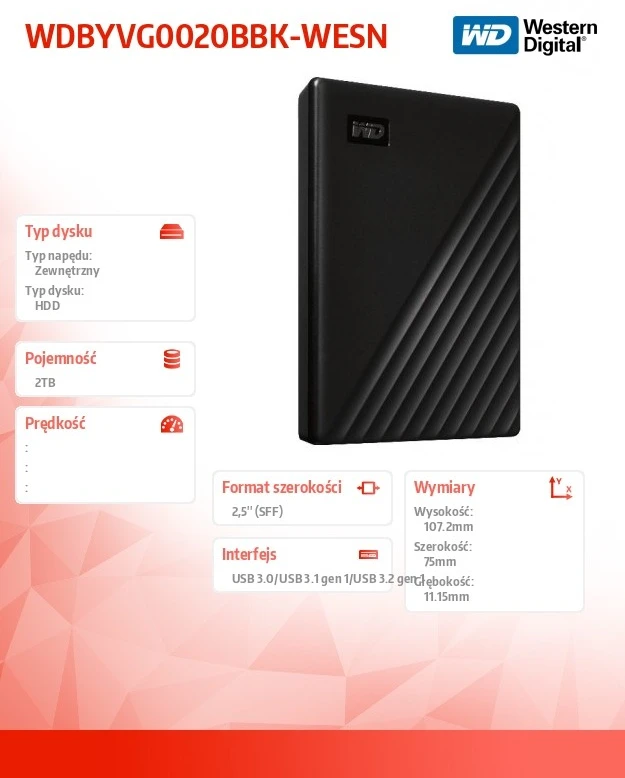 Išorinis kietasis diskas HDD Western Digital My Passport (2TB, USB 3.2) Juodas