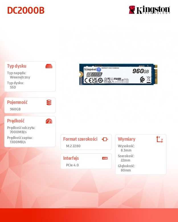 Kingston SSD | DC2000B | 960 GB | SSD form factor M.2 2280 | Solid-state drive sąsaja PCIe NVMe Gen 4.0 (x4) | Skaitymo greitis 7000 MB/s | Rašymo greitis 1300 MB/s