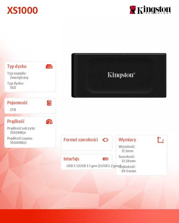 Kingston Dysk ssd xs1000 2tb usb3.2 gen2x2 zewnętrzny