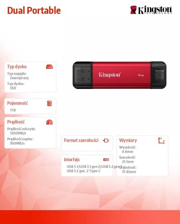 Kietasis diskas „Kingston“ SSD dvigubas nešiojamas 1 TB
