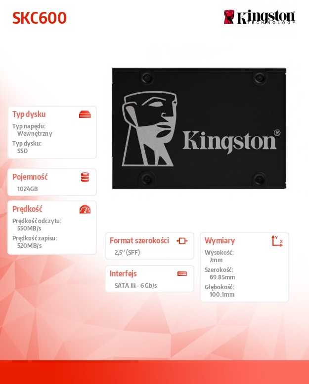 Kingston Dyski ssd kc600 series 1024gb sata3 2.5' 550/500 mb/s