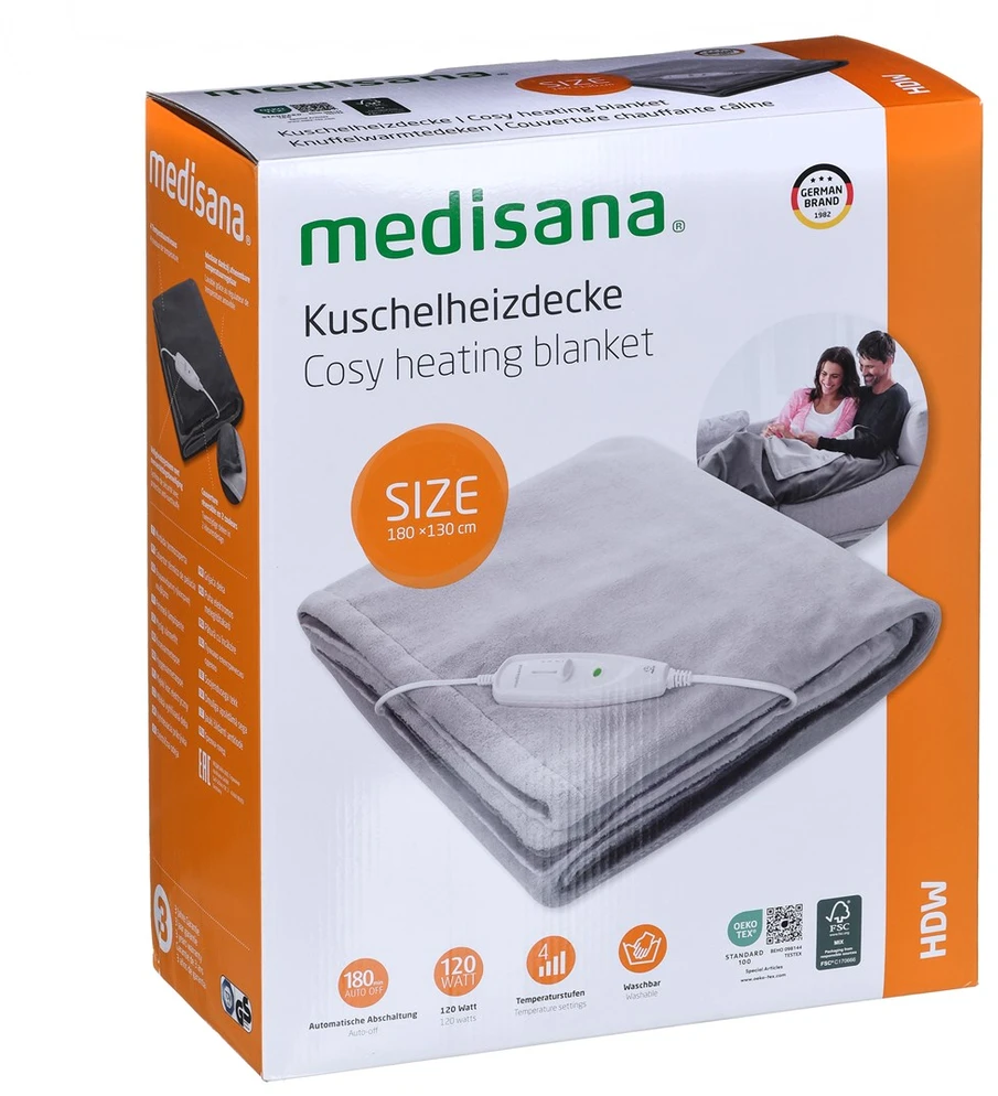 Medisana | Šildymo antklodė | HDW Cozy | Šildymo lygių skaičius 4 | Asmenų skaičius 1-2 | Skalbiamas | Nuotolinio valdymo pultas | Oeko-Tex® standartas 100 | 120 W | Pilkas