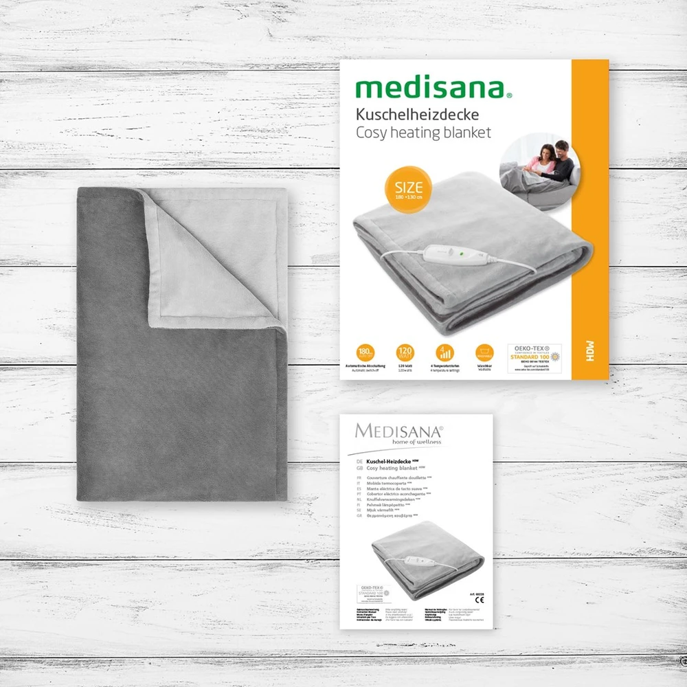 Medisana | Šildymo antklodė | HDW Cozy | Šildymo lygių skaičius 4 | Asmenų skaičius 1-2 | Skalbiamas | Nuotolinio valdymo pultas | Oeko-Tex® standartas 100 | 120 W | Pilkas
