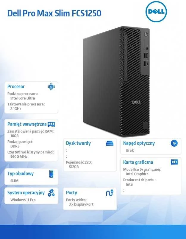 Stacionarus kompiuteris Komputer Dell Pro MAX SLIM FCS1250, Core Ultra 7 265U, 16 GB, Intel Graphics, 512 GB M.2 PCIe Windows 11 Pro