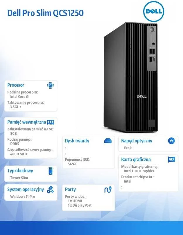 Stacionarus kompiuteris Kompiuteris Dell Pro Slim QCS1250 W11Pro i3-14100/8GB/512GB SSD CL25/Intelligence/kb/pelė/3yps