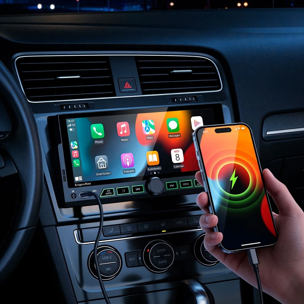 Automagnetola Kruger & Matz KM2017 1DIN CarPlay/AndroidAuto automobilio radijas
