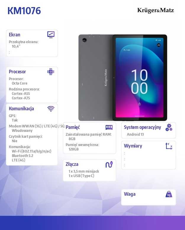 Planšetinis kompiuteris Kruger & Matz Eagle KM1076 10.4" 8GB / 128GB Wi-Fi + LTE