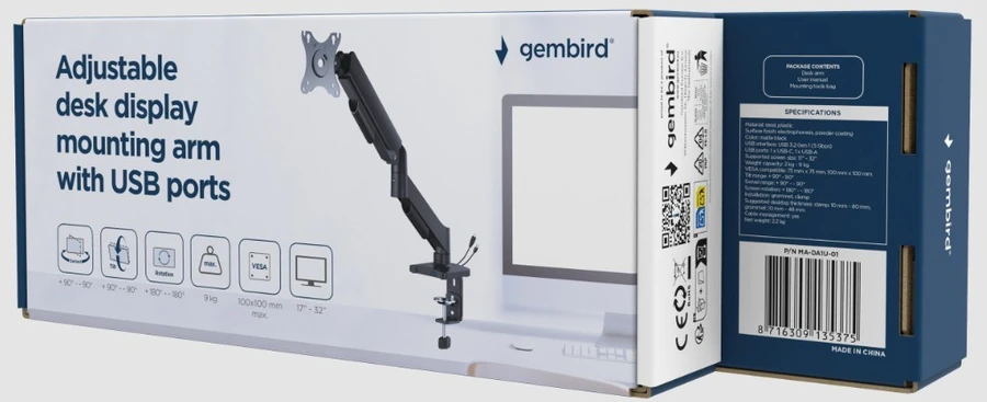 Gembird Stalinis laikiklis vienam monitoriui su USB jungtimis (reguliuojamas), nuo 17 iki 32 colių, keliamoji galia iki 9kg