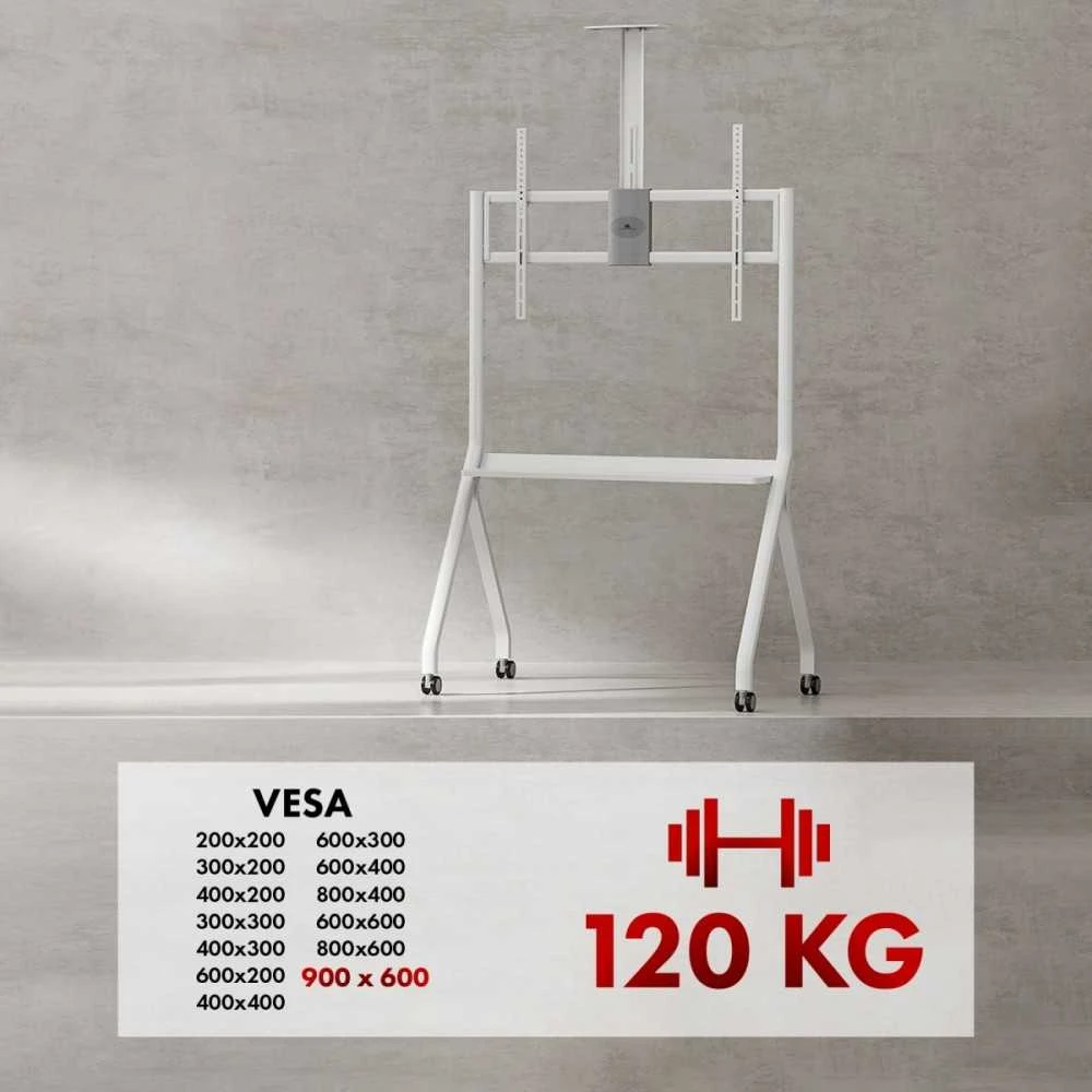 Laikiklis „Maclean“ televizoriaus stovas / vežimėlis, lentyna kamerai, su ratukais, 55–100", maks. apkrova 120 kg / 10 kg lentynos, maks. VESA 900x600, baltas, MC-114 W