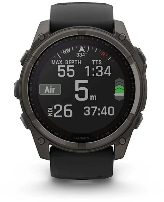 Išmanusis laikrodis Garmin Fenix 8 51 mm, Solar, Sapphire, Pilkos anglies spalvos DLC titanas su juodos / pilkos akmenukų spalvos silikoniniu dirželiu