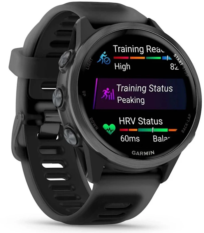 Išmanusis laikrodis Garmin Forerunner® 570 - 42mm Pilkai melsvos spalvos aliuminis su permatomu juodu / juodu dirželiu