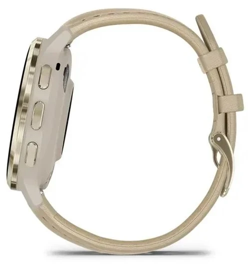 Išmanusis laikrodis Garmin Venu® 3S Šviesaus aukso spalvos nerūdijančiojo plieno apvadas su žalsvai pilkos spalvos korpusu ir odiniu dirželiu