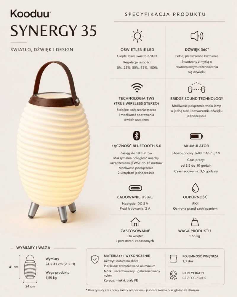 Kooduu synergy 35 LED lempa su garsiakalbiu ir gėrimų aušintuvu - 41 x 24 cm, balta