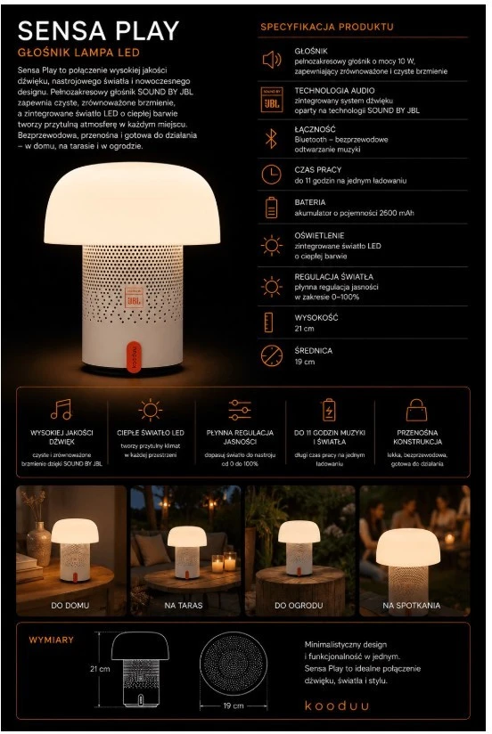 Nešiojama garso kolonėlė su apšvietimu Sound by JBL Kooduu Sensa PLAY, spalva: balta