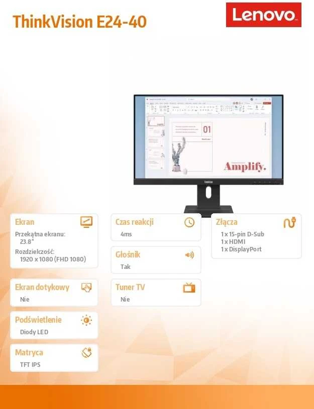 Monitorius Lenovo | ThinkVision E24-40 | 23.8 " | IPS | 16:9 | 100 Hz | 4 ms | 1920 x 1080 pikselių | 250 cd/m² | HDMI jungtys quantity 1 | Raven Juodas | Garantija 36 mėn.