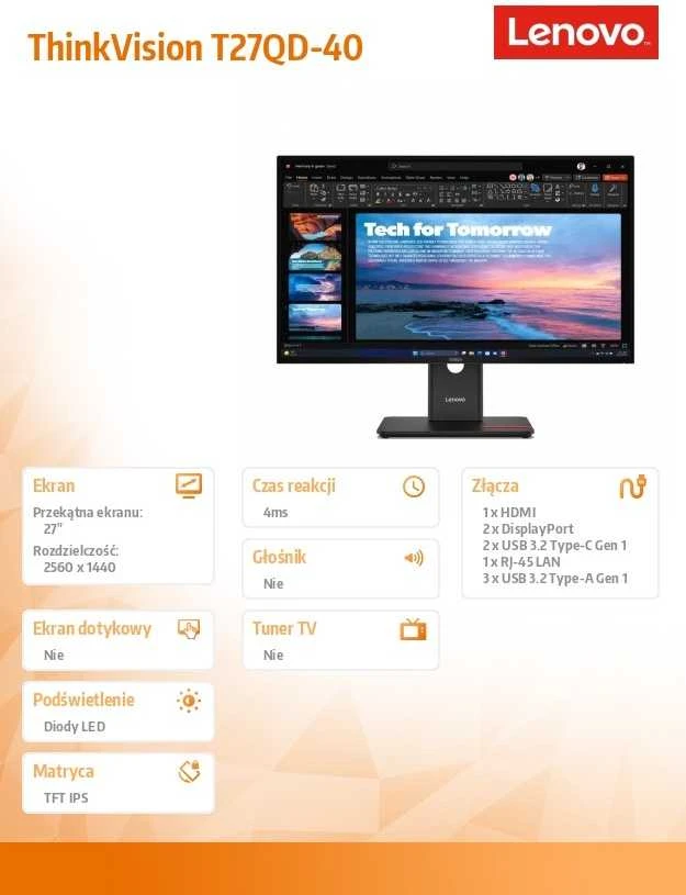Monitorius Lenovo | ThinkVision | T27QD-40 | 27 " | IPS | 16:9 | 120 Hz | 4 ms | 2560 x 1440 pikselių | 350 cd/m² | HDMI jungtys quantity 1 | Eclipse juodas | Garantija 36 mėn.