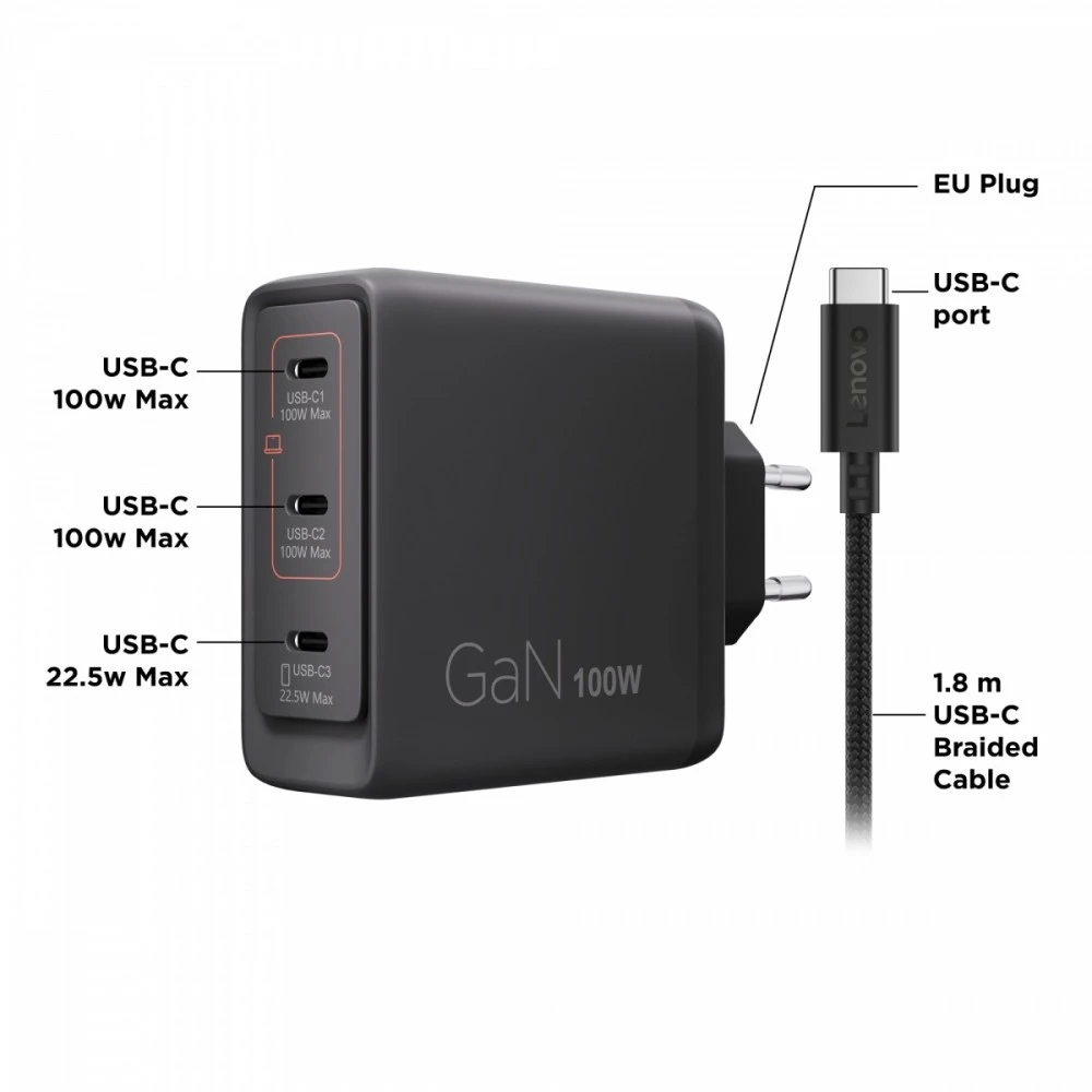 LENOVO daugiaportinis USB-C 100W GAN įkroviklis