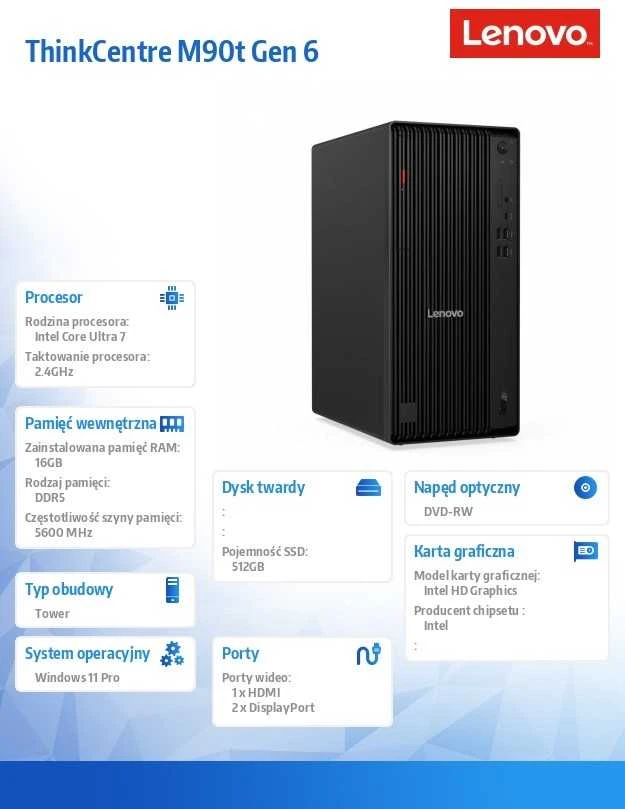 Lenovo ThinkCentre M90t Gen 6 Tower 12YS000WPB Ultra 7 265 WD 16GB 512SSD W11Pro stacionarus kompiuteris